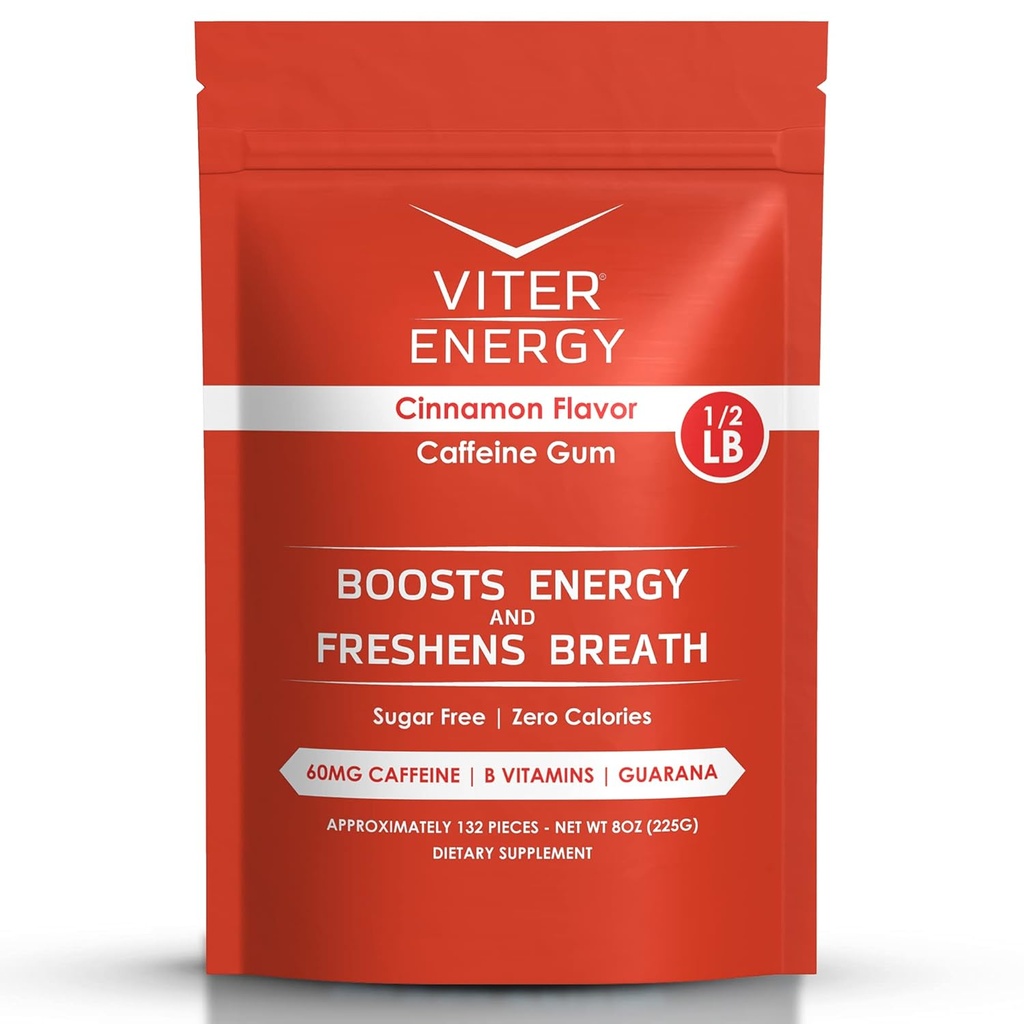 Viter Energy Caffeined Gum 60mg Caffeine, B Vitamíny, Guarana, Sugar Free. (Skořice, 8oz, Bulk Bag)