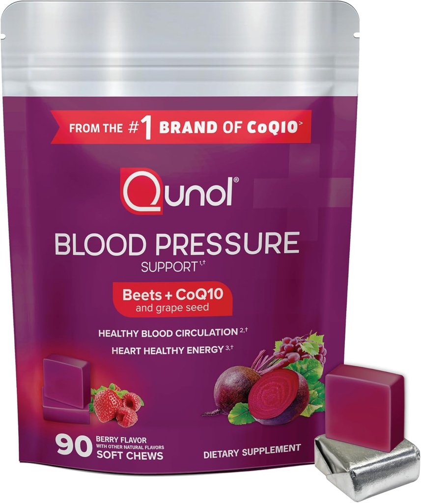 Qunol Beets Chews for Blood Pressure Support, 3 in 1 Beets + CoQ10 + Grape Seed Extract, podporuje zdravý krevní oběh a zdravou energii srdce, 90 Chews