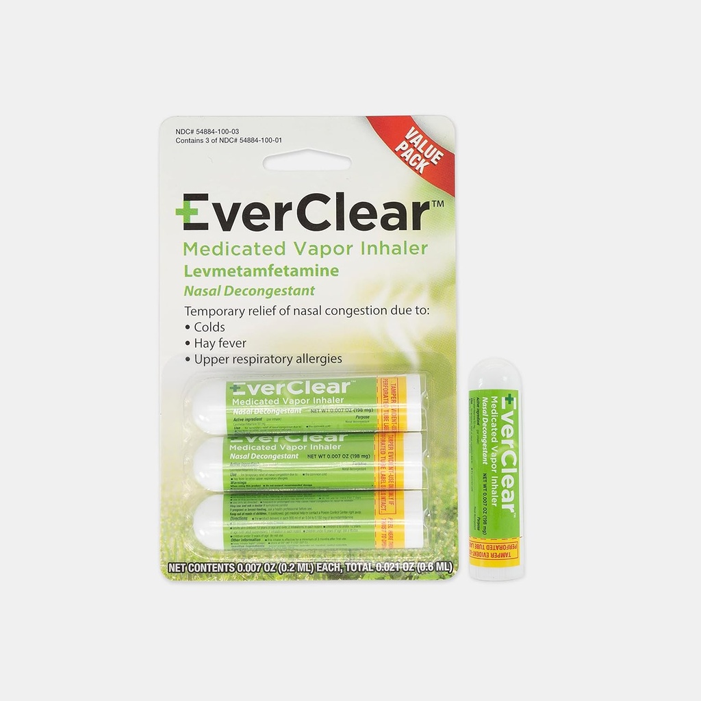 EverClear Medicated Vapor Inhaler, Nasal Decongestant pro nachlazení, Hay horečka, & Horní Respirační alergie, 0, 2 ml, 3 balení