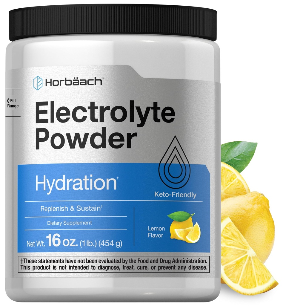 Horbäach Electrolytes Powder 124; 16 oz OZ 124; 130 Servings CLAS124; Hydratační dodatek CLAS124; Vegetarian CLAS124; Keto- Friendly CLAS124; Non- GMO, gluten Free Formule CLAS124; Lemon Flavor