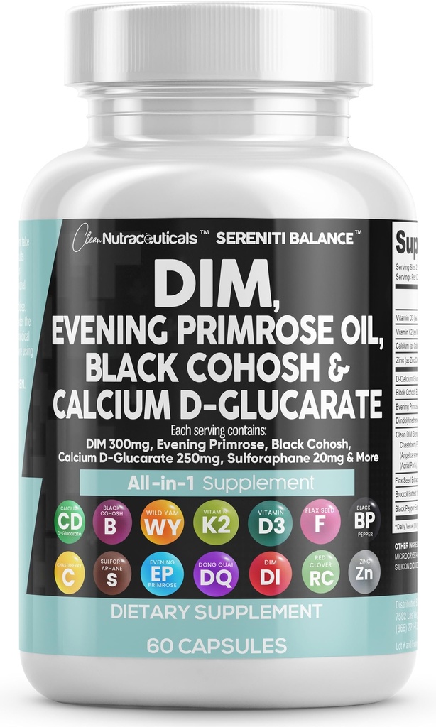 Clean Nutraceuticals DIM Evening Primrose Black Cohosh Calcium D- Glucarate Sulforaphane Flax Seed Extract - Hormonální podpůrné vitamíny pro ženy s Dong Quai - 60 Caps