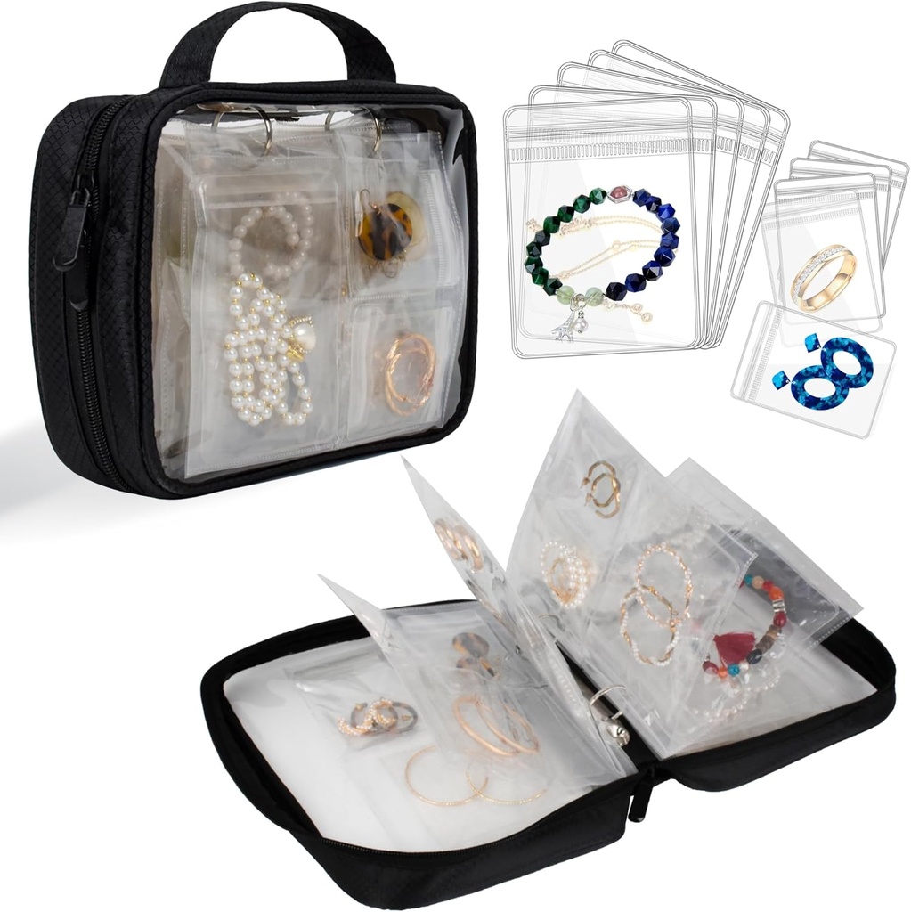 Cestovní klenotnictví Pořadatel Pouzdro Transparentní Šperky Skladování Book Binder Bag pro náušnice, prstence, Náhrdelník, Náramek, Černá