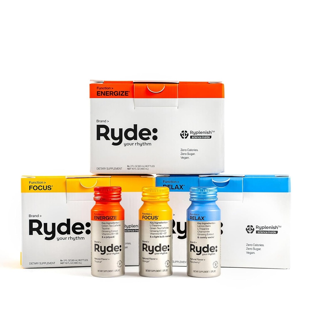 Ryde: Discovery Pack CLAS124; Energize, Focus & Relax Shoots CLAS124; Green Tea Caffeine, Taurie, Ginseng, B Vitamíny, L- Theanine, Lemon Balm, Heřmánek 124; 0 Calories, 0 Cukr CLAS124; Variety Pack - Vyzkoušejte je všechny (24 Pack)