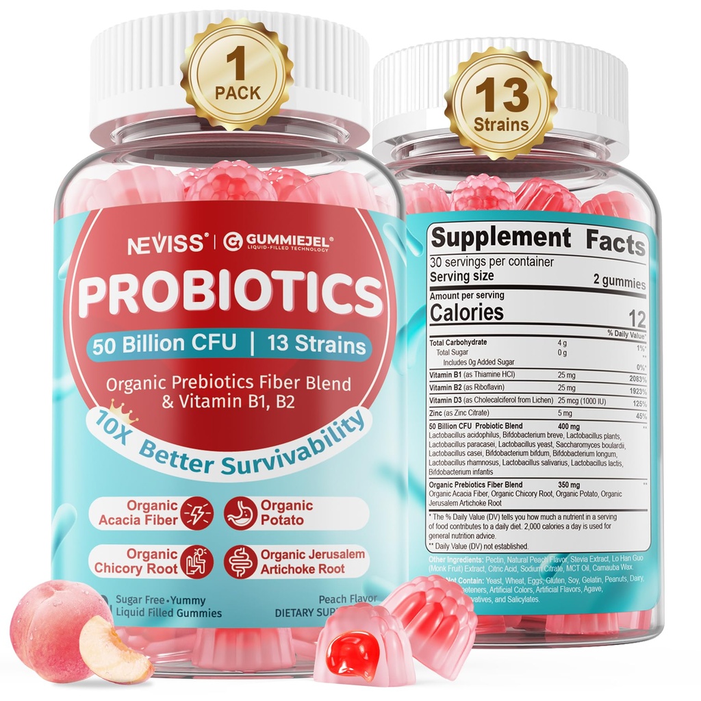 NEVISS Probiotic + Prebiotické gumy pro dospělé a děti 4 +, Cukr zdarma Žvýkací 50 Miliardy CFU w / Fiber, Vitamin B1 B2 D3 & Zink, pro stravovací & Gut zdraví, Zvýšení mikroflora rozmanitost, 60 Cts