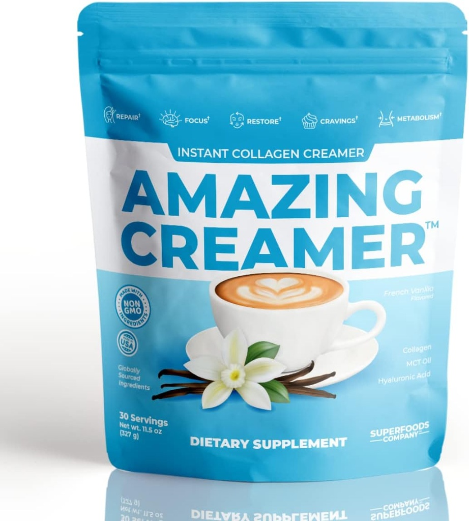 Superfoods Company Amazing Creamer with Collagen - Keto Creather- Hyaluronic Acid & MCT Oil - Brain Boost & Cembly Crawings - Podporuje zdravou pleť & vlasy - Diet- Friendly [30 Služení] [Vanilla]