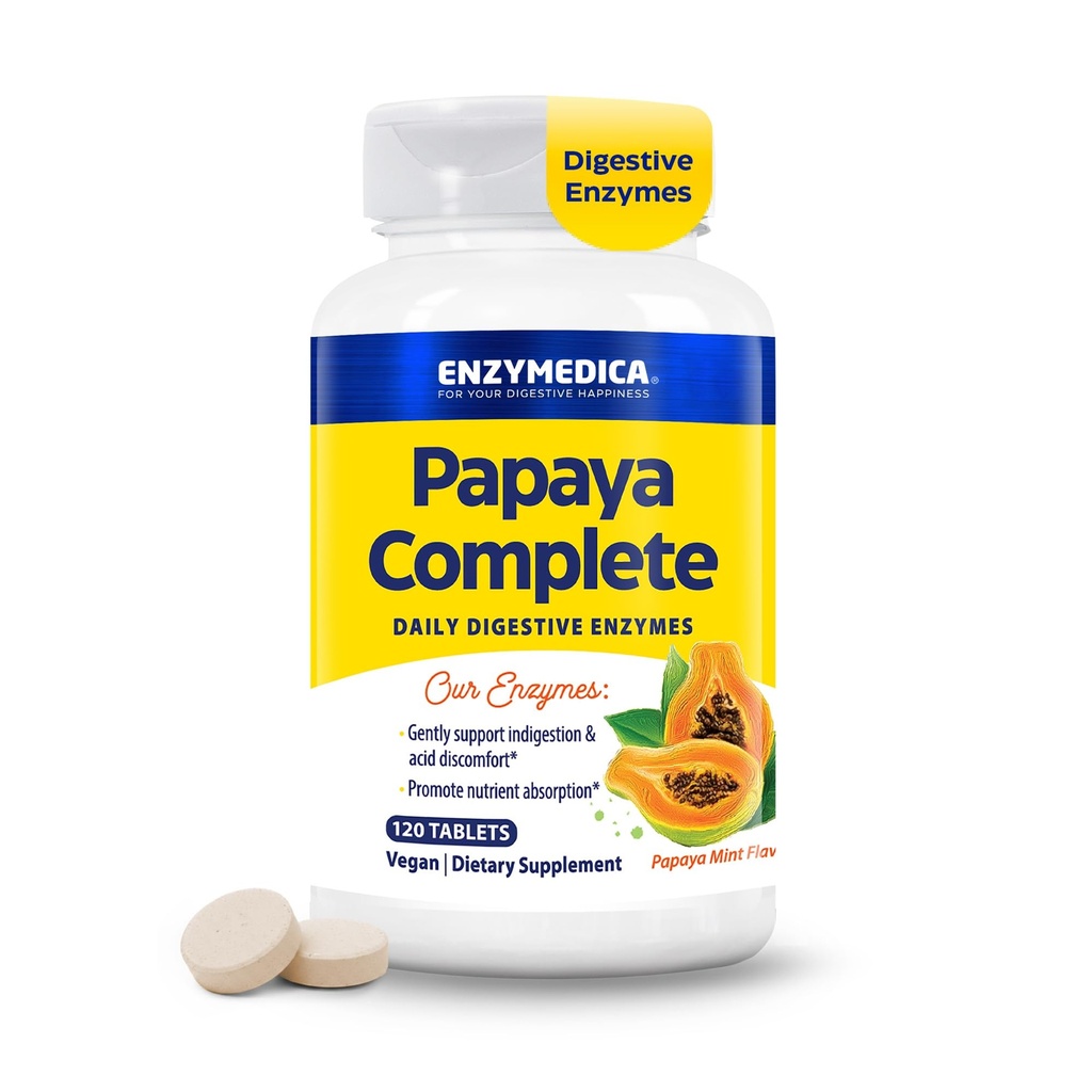 Enzymedica Papaya Enzymy Žvýkací, Digestivní Enzymy pro ženy a muže, s organickou papayskou šťávou a chlorofylem, High Potency Bromelain & Papain, Vegan, Mint Flavor, 120 Tablet