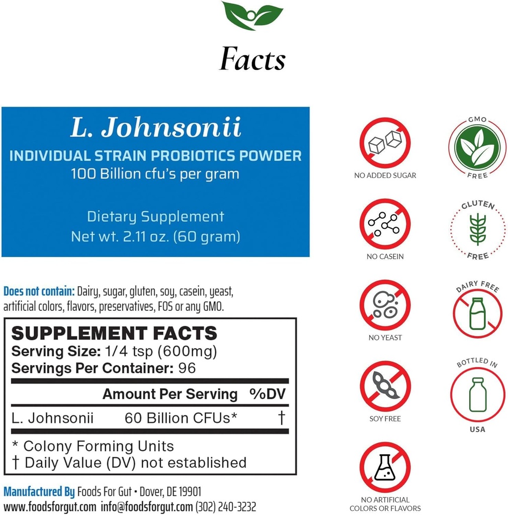 Potraviny pro Gut Lactobacillus Johnsonii Probiotic Powder 100 Billion cfu 's CUR 124; No Additives CUR 124; Direct from Manufactur124; No Third- Party Storage CUR 124; L. Johnsonii CUR 124; 60 Grams (2.11 Oz)