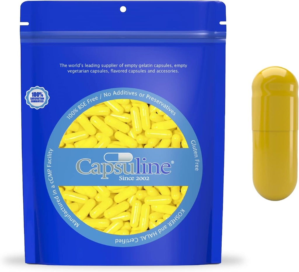 Barevná velikost 0 Prázdná želatina Kapsle podle Capsuline - žlutá / žlutá 10000 Počet 124; Kosher & Halal Certified Capsulatin 124; Gluten zdarma