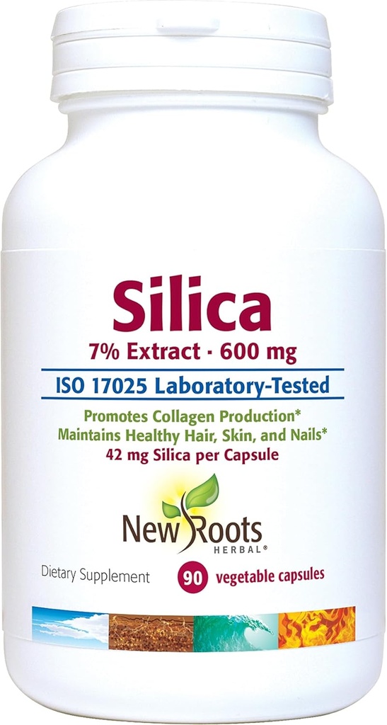 Silica 7% Extract Supplement (90 kapslí) - 600mg na kapslí - Silica Supplement - Podpora vlasového nehtu a kůže 124; New ROOTS HERBAL