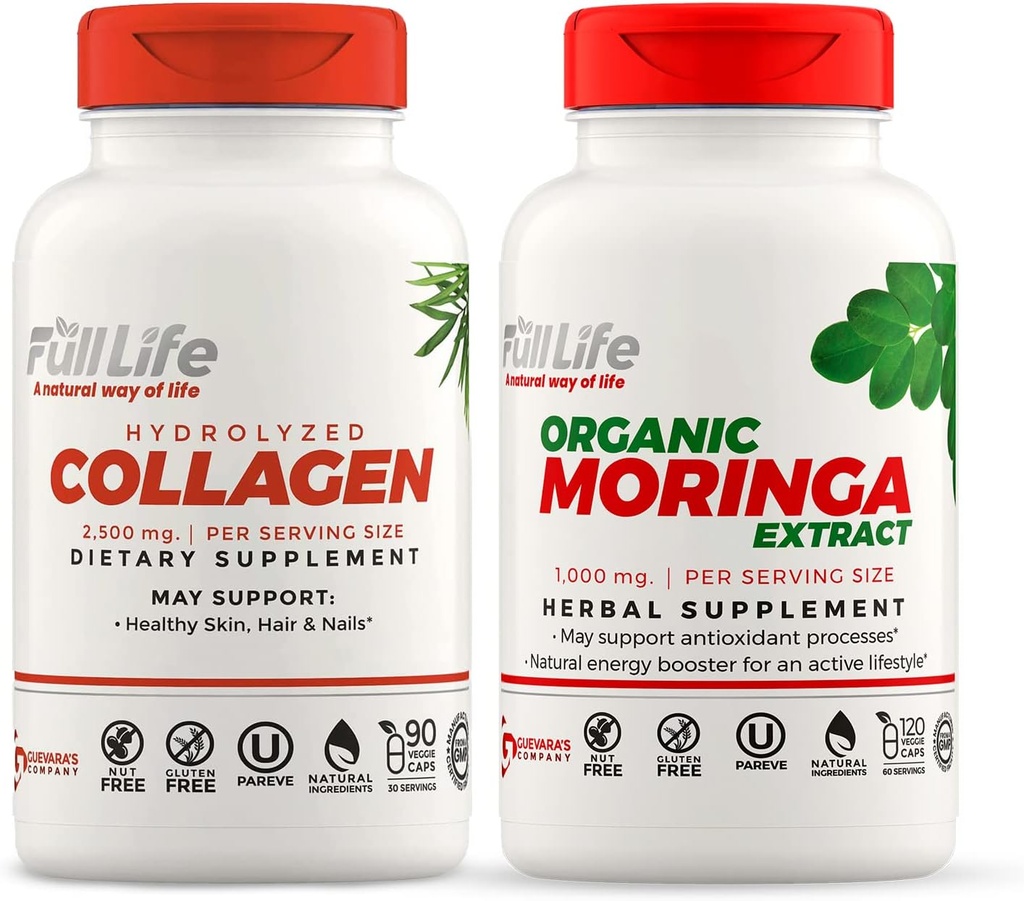 Plný život Hydrolyzované kolagen a Moringa Oleifera Kapsle - Dietní doplňky - Bovinní Kolagenové pilulky pro ženy a muže, Gluten- Free - Veggie Kapsle