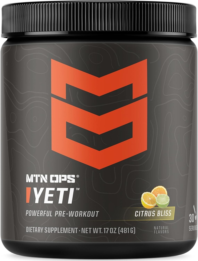 MTN OPS Yeti Pre- Workout Powder Energy Drink with Creatine, 200mg Caffeine & BCAA with Beta Alanine, 30- Serving Tub, Citrus Bliss