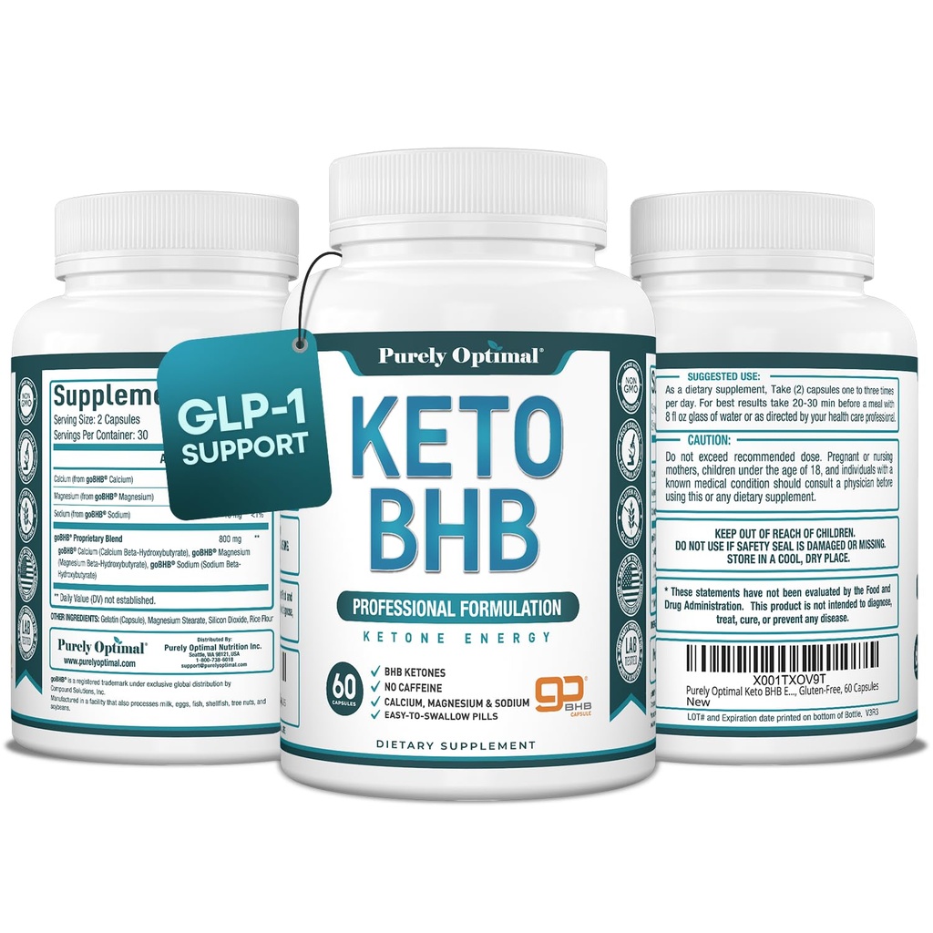 Čistě Optimální Keto BHB Kapsle - Exogenní Ketone pilulky pro podporu Ketosis, Setrvalá energie, Focus & Metabolismus - pro ženy a muže, 60 Kapsle