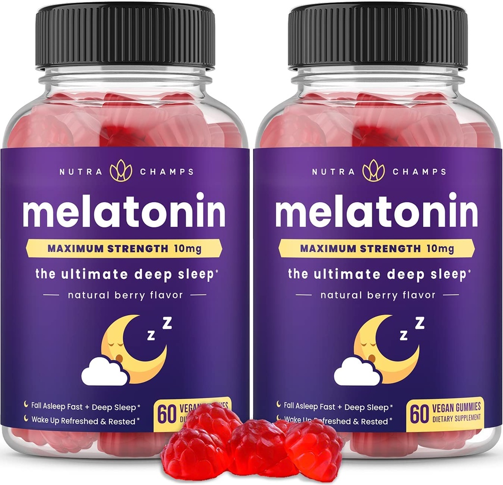 NutraChamps (Balení 2 melatoninových gumiček pro dospělé, Vitamíny s extra pevným spánkem, 5 mg nebo 10 mg dávka, Veganský přírodní jahodový ochucený doplněk pro lepší spánek, 120 žvýkaček