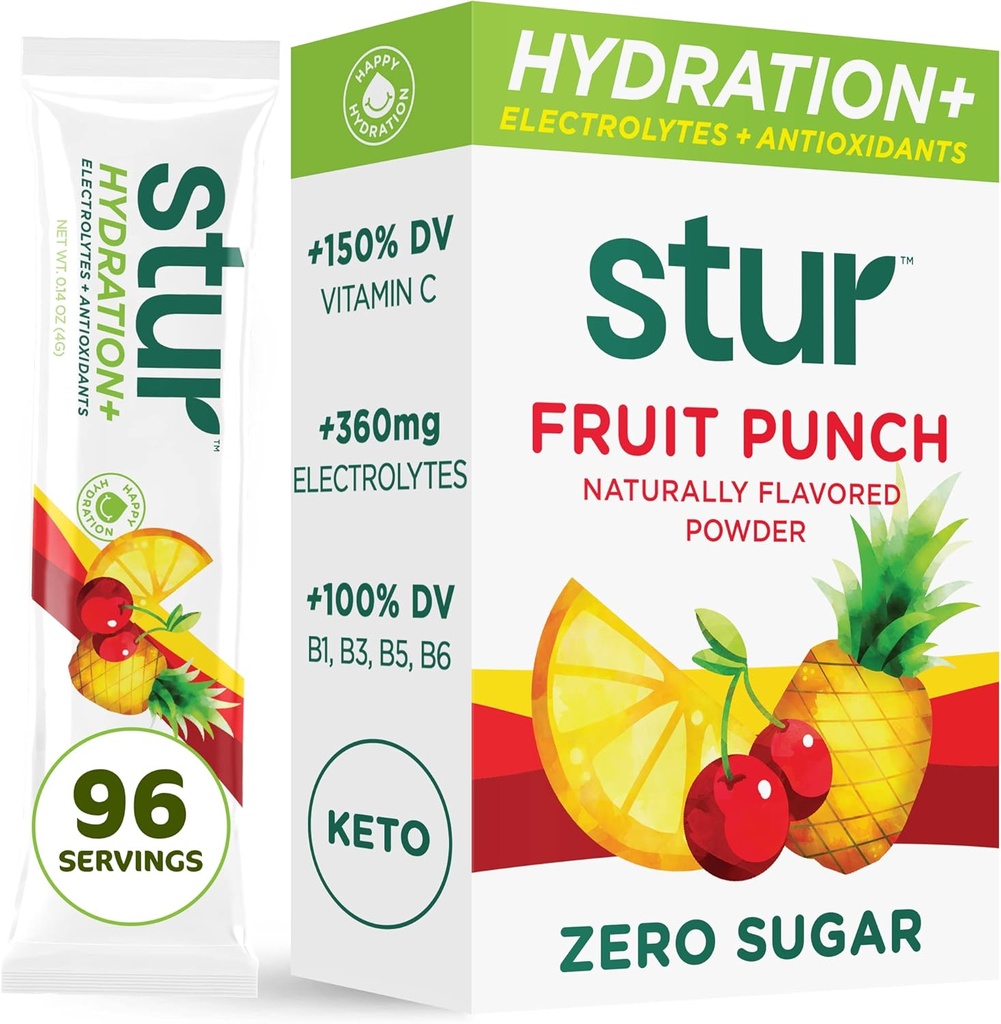 Stur Electrolytes Powder Hydratační balíčky 124; Ovocný punč 124; Cukrovinky Free Water Flavor Packets for Workout Recovery 124; Vysoké antioxidanty & B Vitamíny 124; Keto, Vegan, Non- GMO, Paleo, 96 Packets