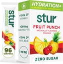 Stur Electrolytes Powder Hydratační balíčky 124; Ovocný punč 124; Cukrovinky Free Water Flavor Packets for Workout Recovery 124; Vysoké antioxidanty & B Vitamíny 124; Keto, Vegan, Non- GMO, Paleo, 96 Packets