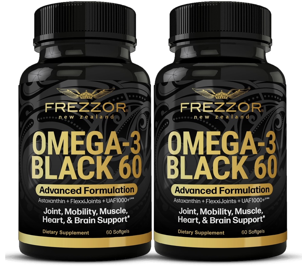 FREZZOR Omega 3 Black pro společnou péči & Comfort - Nový Zéland Zelená Lipped Mussel Oil Capsules; 53x Vyšší potence s UAF1000 + Super Antioxidant, No Fishy After taste, 60 Počet (balení po 2)