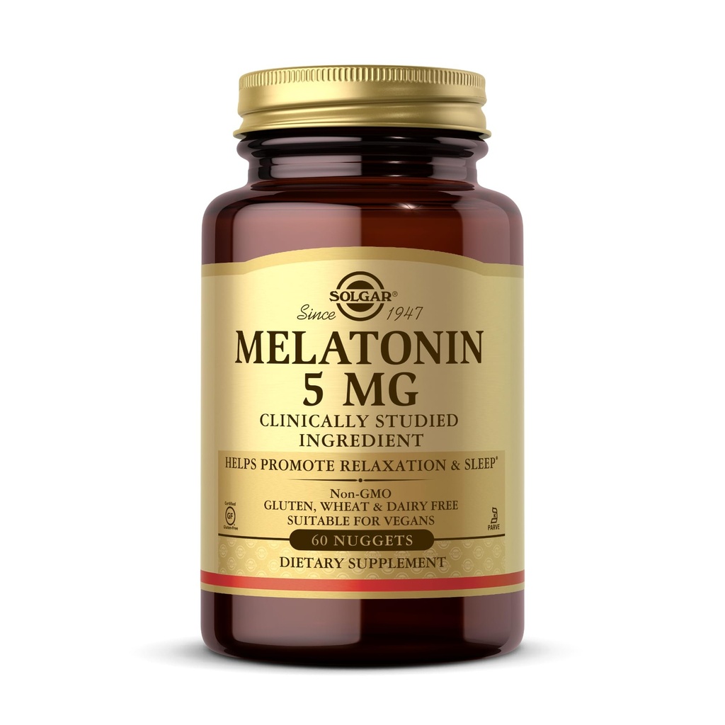 Solgar Melatonin 5 mg, 60 Nuggets - Pomáhá podporovat relaxaci a odpočinek - Klinicky studovaný melatonin - Vegan, gluten zdarma, mlékárenské zdarma, Kosher - 60 Služeb