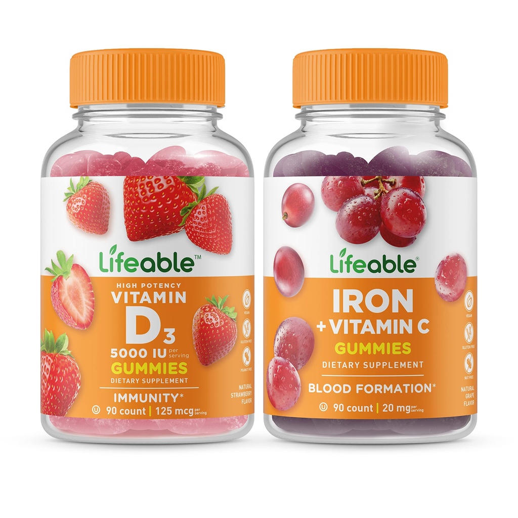 Živý vitamin D 5000 IU + železo s vitaminem C, Gummies Bundle - Great Ochutnávání, dodatek k vitamínu, gluten zdarma, GMO zdarma, Žvýkací žlab