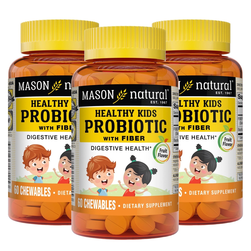 MASON NATURAL Zdravé děti Probiotika s Fiber - Zdravá stravitelná funkce, Lepší Gut zdraví, 60 Žvýkačky (balení po 3)