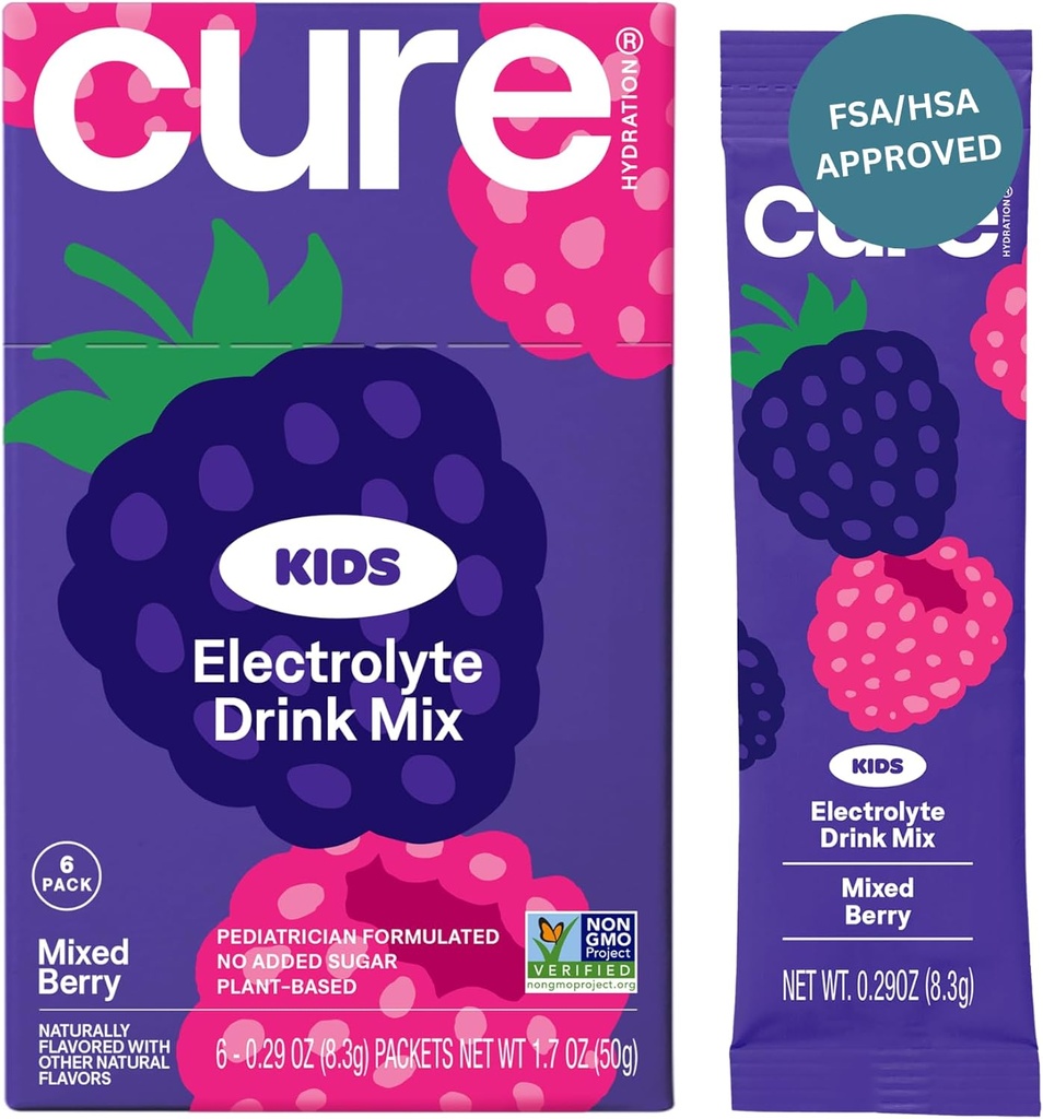 Hydratace lékem - Děti Electrolyte Drink Mix 124; Plant- Based Pediatric Rehydratace 124; No Add Sugar, FSA-HSA, Non- GMO, Gluten- Free, No Umělé Flavors PHAR124; Box of 6 Packets - Mixed Berry