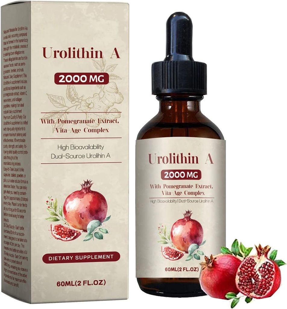 Urolithin A 2000MG Liquid Drops with Pomegranate Extraet, Vita- Age Complex High Bioability Dual- Source Urolithin A 60ML (2 Fl Oz, 2024New)