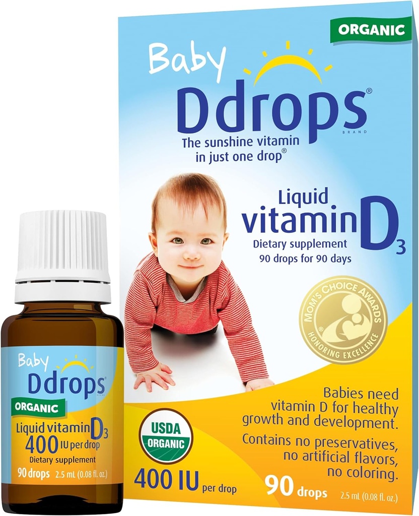 Ddrops Organic Baby 400 IU 90 Drops - Daily Vitamin D Liquid pro kojence. Podporuje zdraví zubů a kostí. Žádné konzervační látky, žádný cukr, Non- GMO, Alergy- Friendly - balení po 2 ks