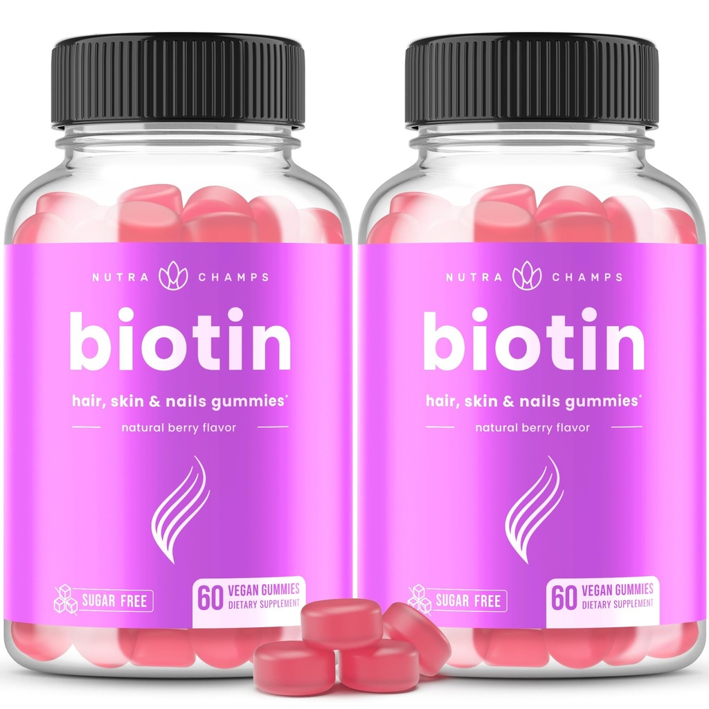 NutraChamps Sugar Free Biotin Gummies 10000mcg [High Potency] - Zdravé vlasy, kůže a nehty pro ženy, muži a děti - 5000mcg v každém Gummy - Vegan Hair Health Vitamins Dodatek - Malina (2-Pack)
