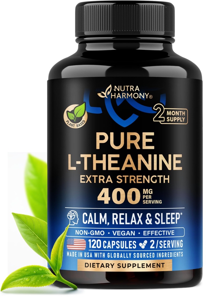 L Theanine 400 mg CLAS124; L- Theanine Stress Relief 124; Extra Strength Supplement CLAS124; Vyrobeno v USA CLAS124; Relaxation, Sleep & Calm Support CLAS124; Pro muže a ženy CLAS124; Plant based, Non- GMO & Gluten- Free CLAS124; 120 Vegan Capsules