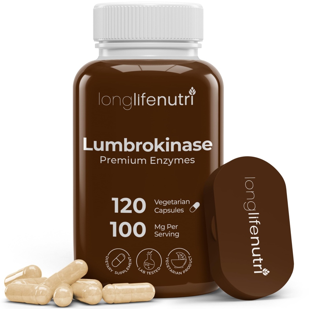 LongLifeNutri Lumbrokinase 100mg - Maximální aktivita 2,000,000 jednotek per serving, 120 Vegetariánských kapslí, 2- měsíční dodávky, přírodní enzym dodatek pro oběhové zdraví, Lab Tested, Made in USA