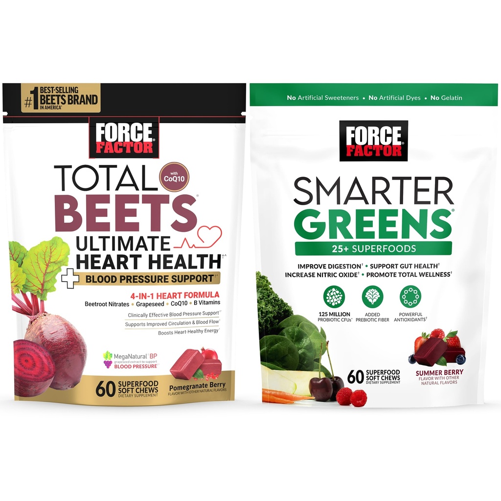 Bundle of Force faktor Total Beets Ultimate Heart Health Blood Pressure Chews with CoQ10, 60 Soft Chews + Smarter Green Cheens Superfood Chews, to Support Digestion, 60 Soft Chews