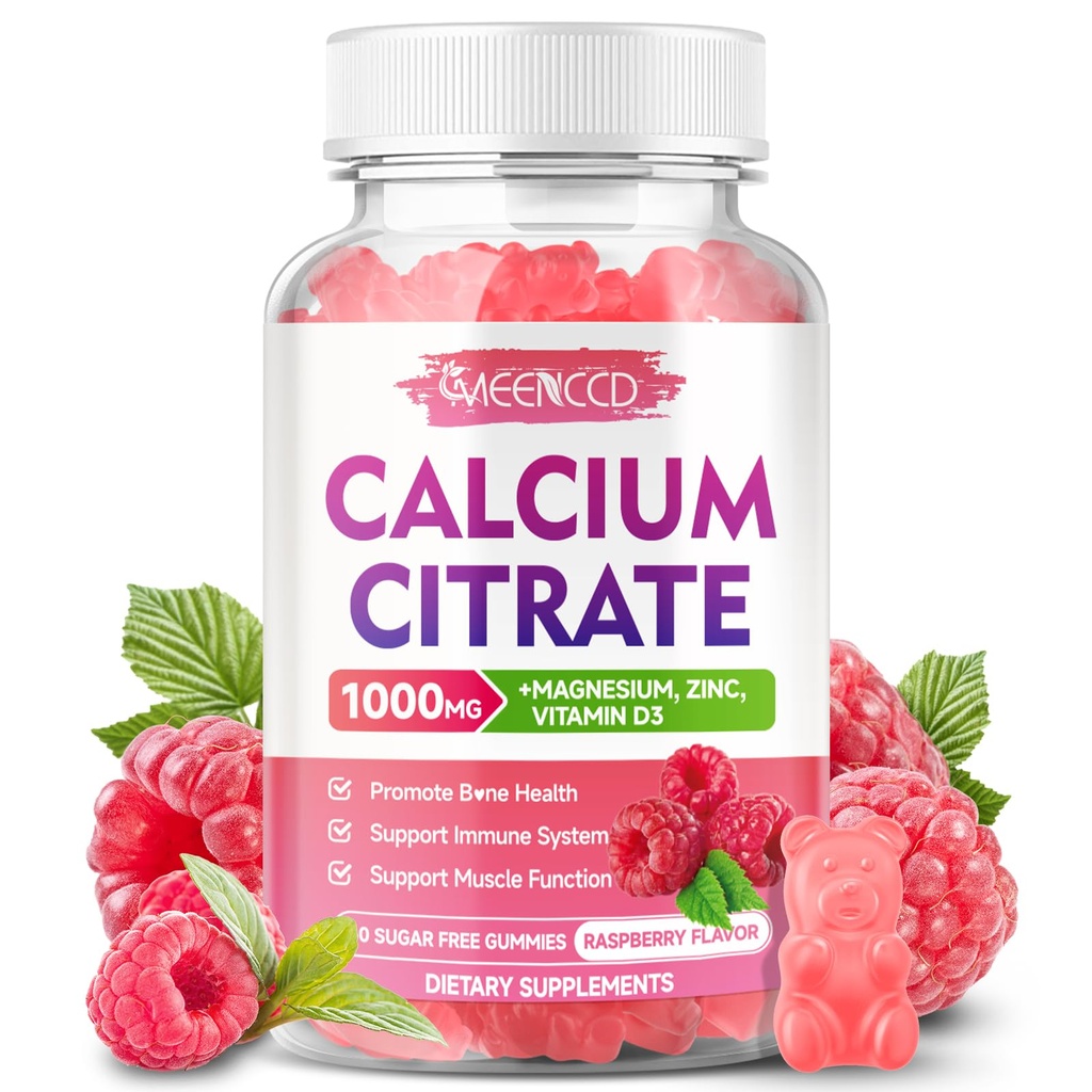Citrátové gumy vápníku 1000mg w / vitamin D3, vysoce absorpční doplněk vápníku pro ženy a muže, Plus hořčík, draslík, zinek pro svalovinu a imunitu, bez cukru, Malina Flavor, 60 Počet
