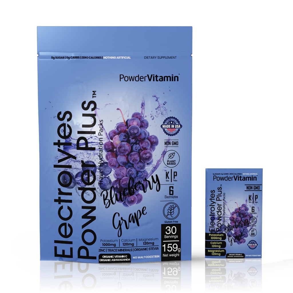 PowderVitamin Electrolytes Powder Plus, Keto, Borůvkový Grape, Nulový cukr, 1000mg draslík, 120mg vápníku, 120mg hořčíku, Non- GMO, Nulové kalorie, 30 Hydratační balíčky