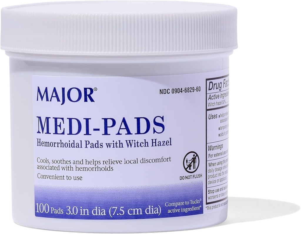 MAJOR Medi- Pads - Hemeroidní Hygienické Čištění Witch Hazel Pads - Chladicí reliéf s aloe - 100 Count Jar (1 balení)