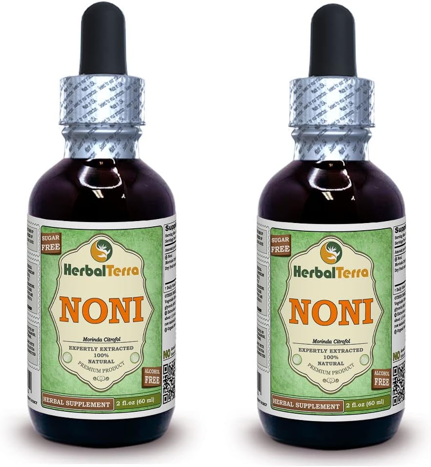 Noni (Morinda Citrofol) Glycerit, Organic Sured Fruits Alcohol- Free Liquid Extract (Značka: HerbalTerra, Proudly Made in USA) 2x2 fl.oz (2x60 ml)