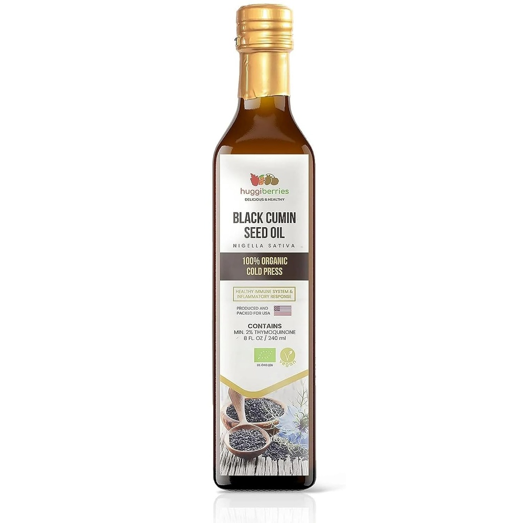 Huggiberry Organic Black Seed Oil Liquid - Glas bottle- gluten- Free Oil for Salads, Dips, Dressings, Veggies - Cold Pressed Turkey Cumin, bohatý na Thymoquinon Imunity Dodatek - 8 fl.oz. / 250ml