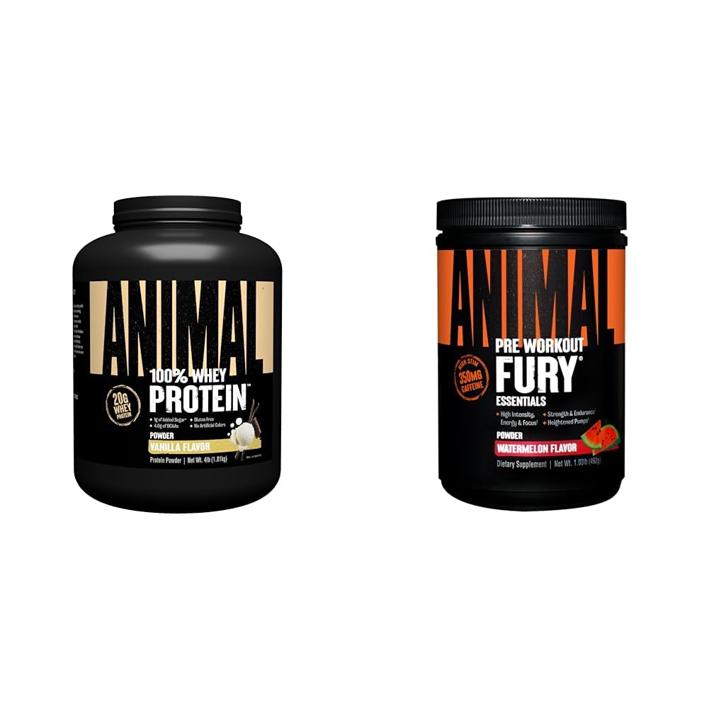 Zvířecí 100% syrovátka protein prášek vanilka 4lb Bundle Fury Pre Workout Práškový dodatek Meloun 16.96oz