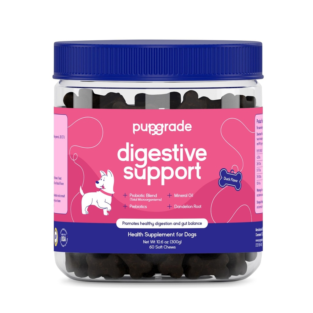 Dědičné žvýkací žvejky pro psy - Prebiotický a probiotický dodatek s enzymem Blend - Nabuzený žaludek, průjem, Bowel, a imunitní podpora - dýně, borůvky, minerální olej - 60 měkkých žvýkání