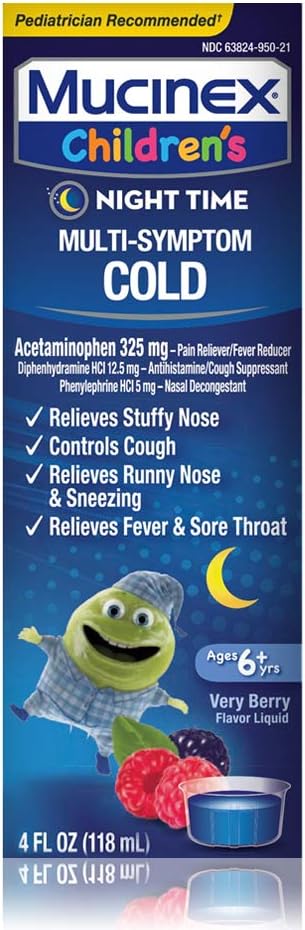 Studený, kašel, a horečka, Mucinex Dětský multi- Symptom, noční čas studená tekutina, Smíšené Berry, 4oz, Redukuje horečku, Kontroluje kašel, Ulehčuje Stuffy Nose
