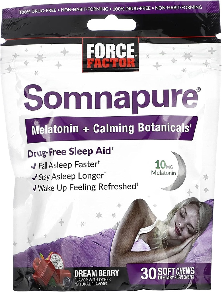FORCE FACTOR Somnapure Soft Chews with 10mg Melatonin, L- Theanin, Heřmánek, Lemon Balzám, Dream Berry Flavor, 30 Soft Chews