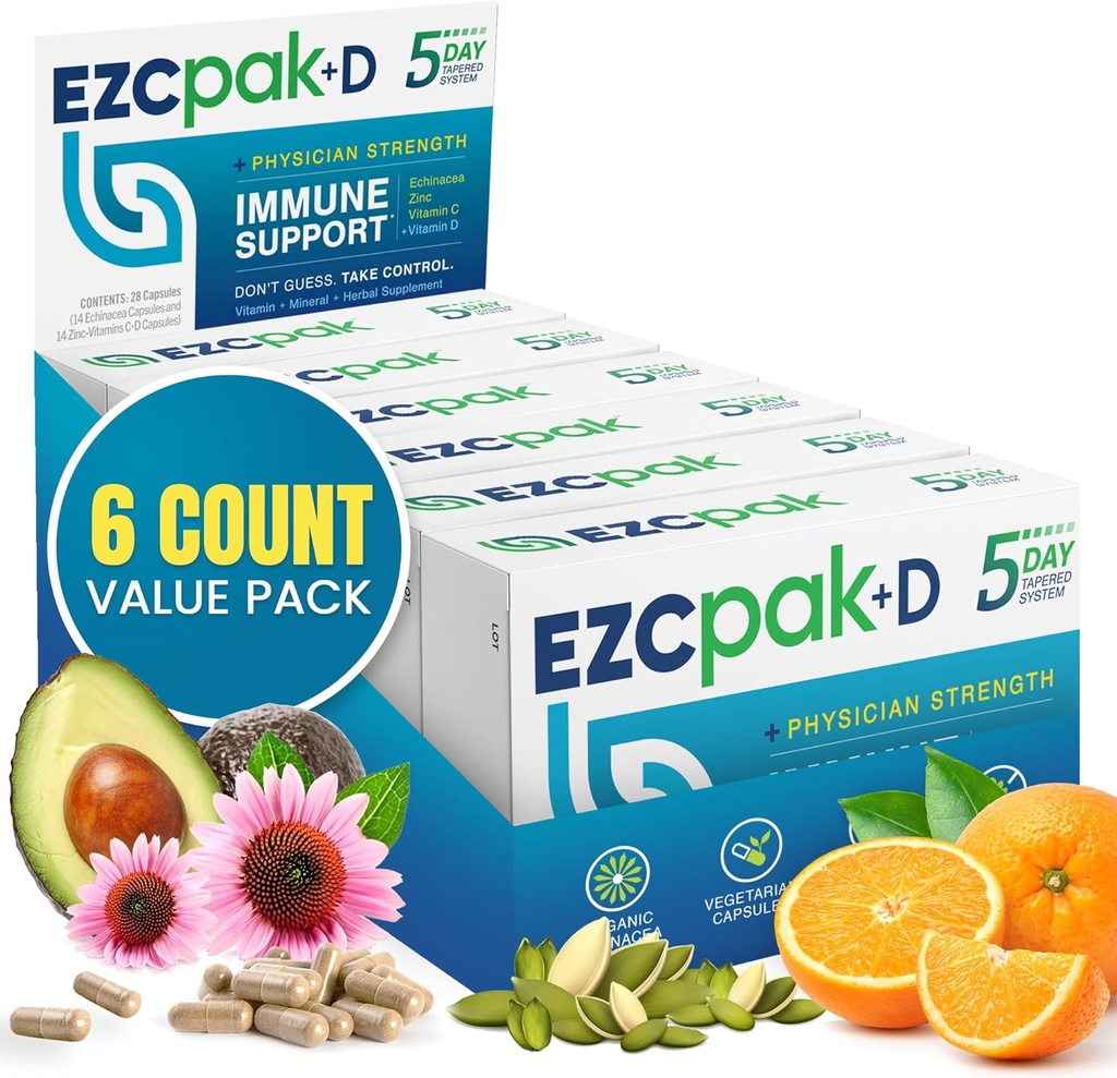 EZC Pak 5denní imunní systém Booster s Echinacea, Vitamin C, Zinek a vitamín D - Tapetovaný doplněk imunitní podpory pro dospělé - Podporuje imunitu, snadné cestování - Supplement Pack - (Balení 6)