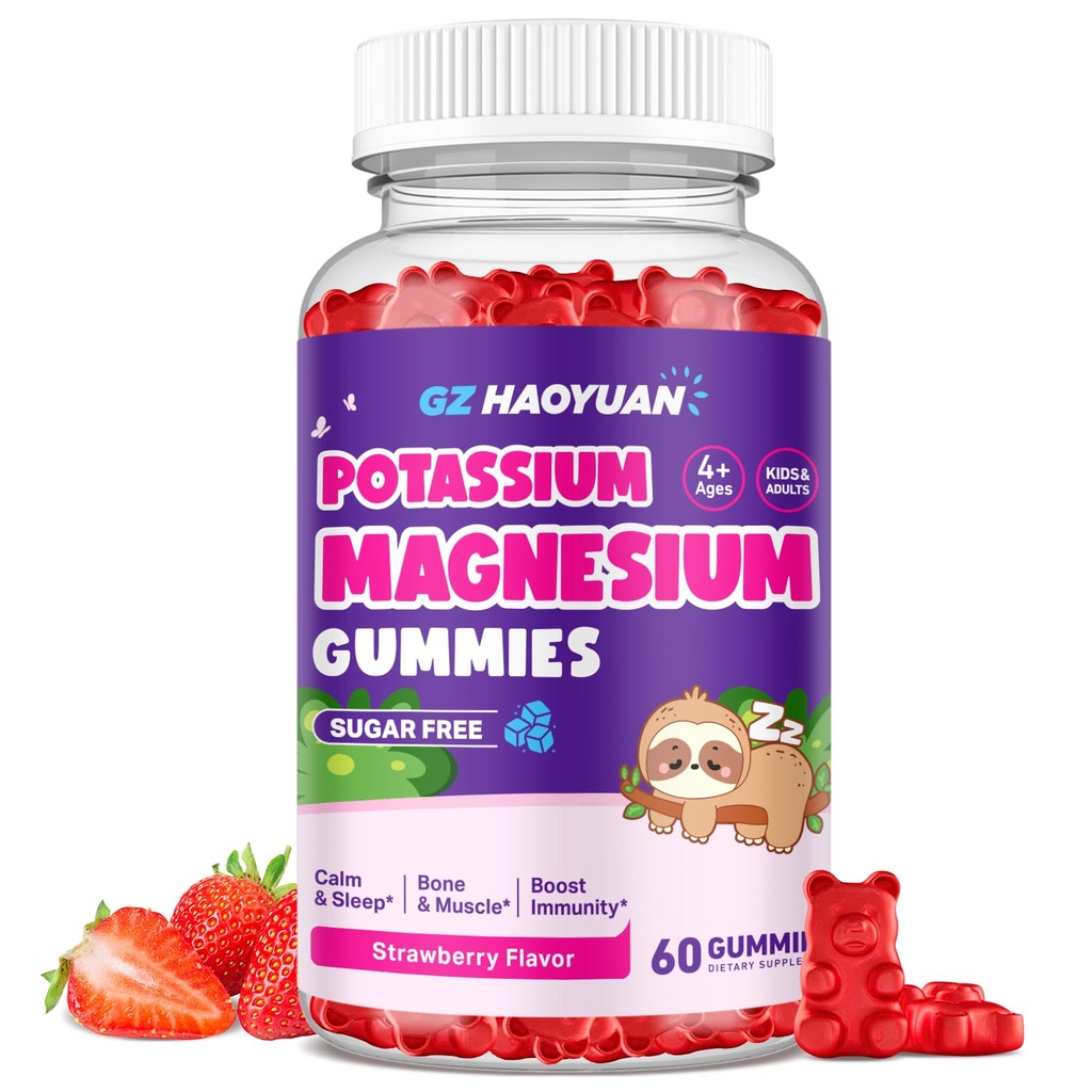 Gumy hořčíku pro děti - Glycinátové gumy hořčíku s vitamínem D3, B6, Draslíkem a Ashwagandha, Magnesium pro děti a dospělé Relaxace, Spánek, Brain & Bone Health - Vegan Jahoda 60ct