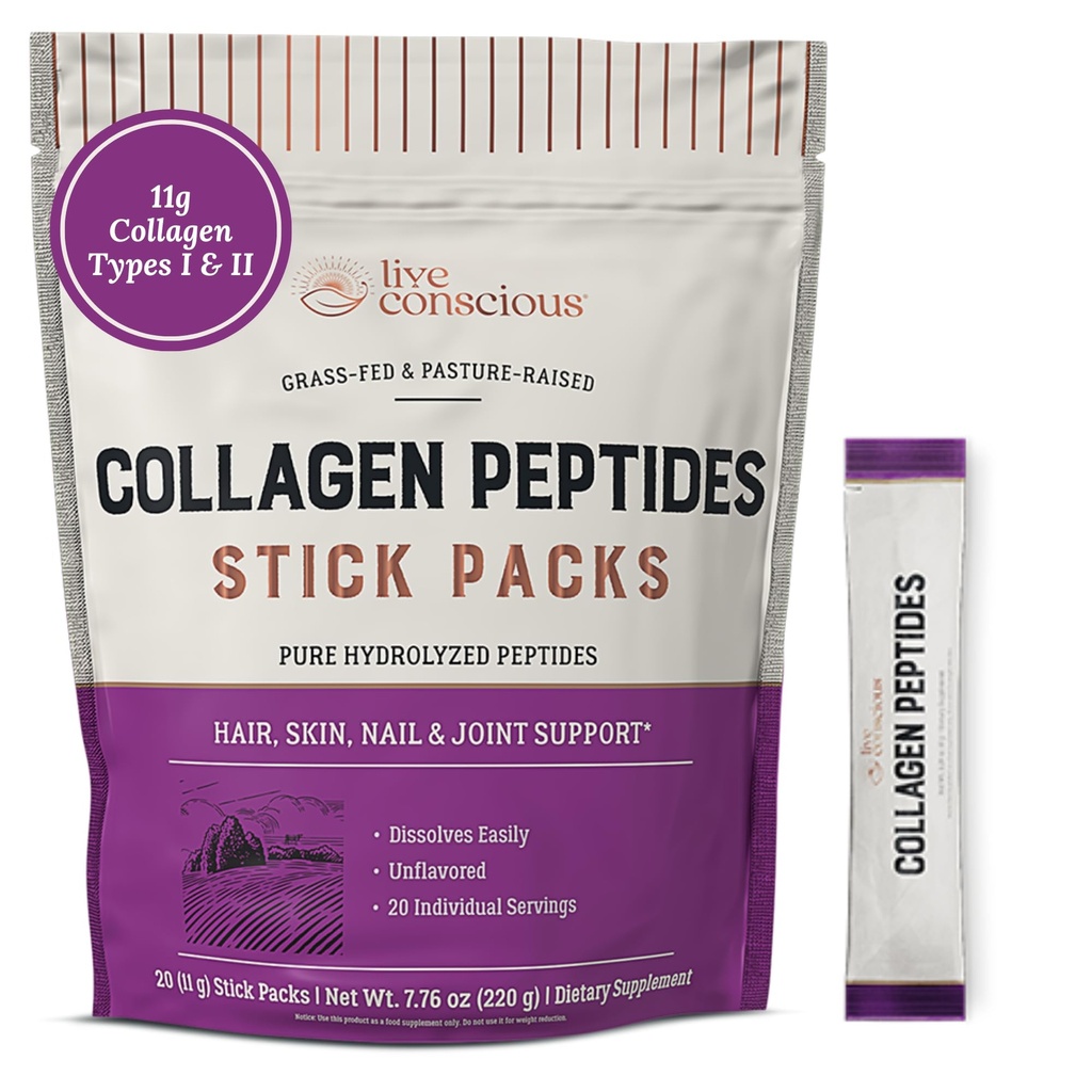 Live Conscious Collagen Peptides Powder Neochucené balíčky - Hydrolyzované kolagen prášek - Vlasy, kůže, hřebík, a společná podpora - Typ I & III Grass- Fed Kolagen doplňky pro ženy a muže - Balení 20