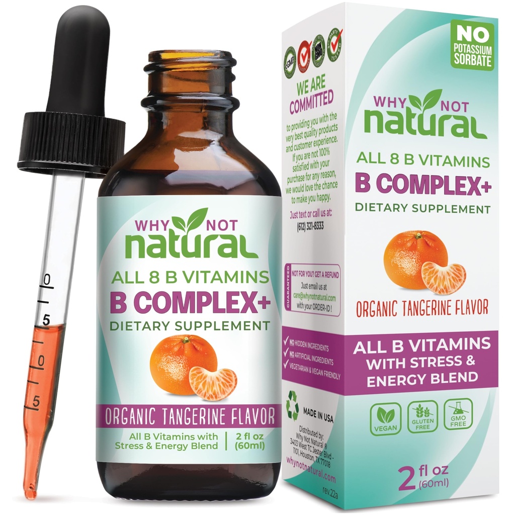 Proč ne přírodní vitamín B Complex Liquid Drops - Doplněk pro ženy - Vegan a sublingvální formy B1 B2 B3 B5 B6 Biotin folát a Cholin - Plus směs pro podporu energie