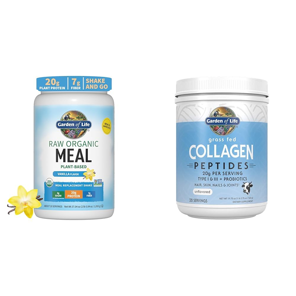 Zahrada života Vegan Protein Powder - Syrové organické stravovací třesenky - Vanilla - Pea Protein & Grass Fed Kolagen Peptides Powder - Neochucený kolagen Prášek pro ženy Vlasové hřebíky