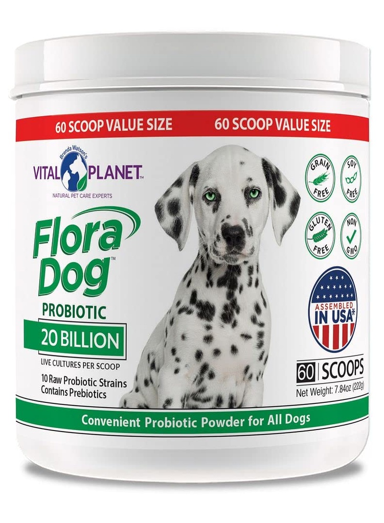 Vital Planet - Flora Dog Probiotic Powder Supplement s 20 miliardami kultur a 10 proužky, High Potency Imunity and Digestive Support Probiotics for Dogs, 7.84 oz., 222 Grams, 60 Servings