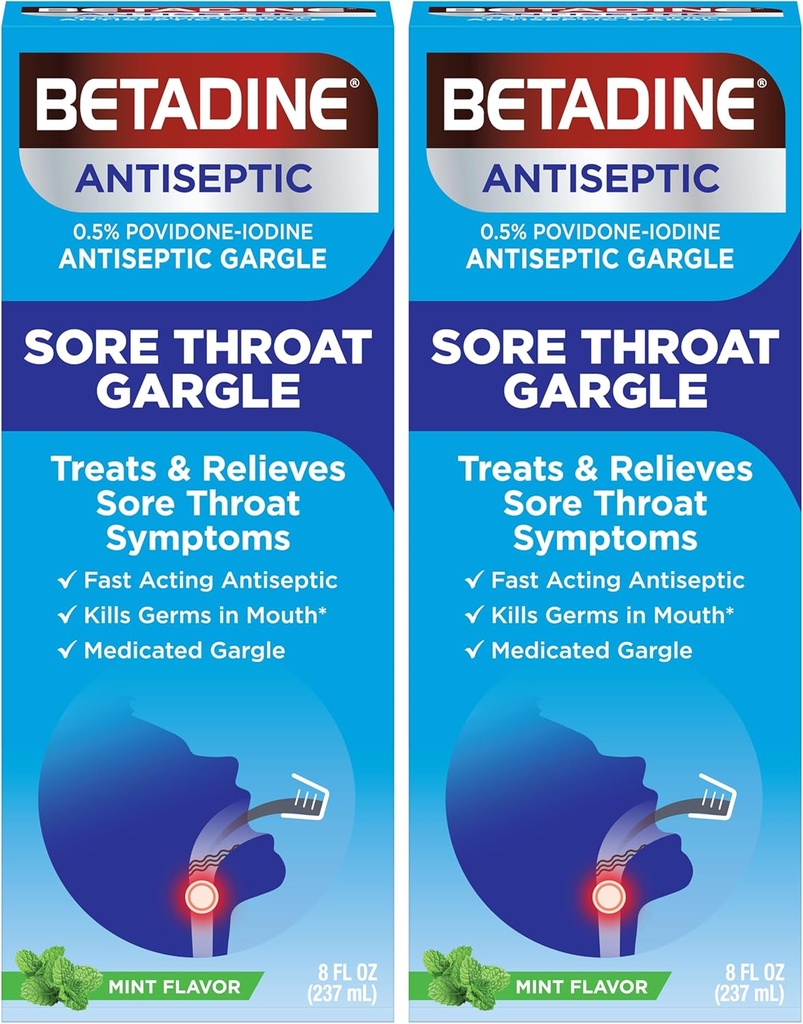 Betadin Sore Throat Relief Gggle, Mint Flavor, Fast acting antiseptic, Povidone- jód 0, 5%, 8 oz (balení po 2)