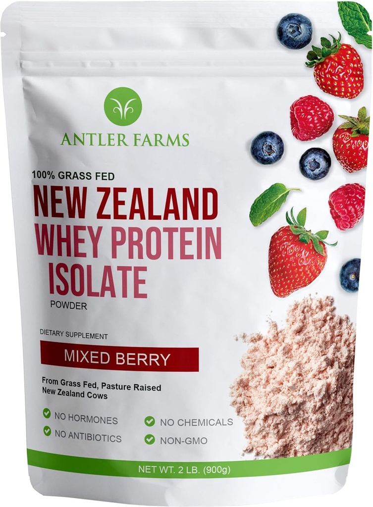 Antler Farms - 100% tráva Fed Nový Zéland Syrovátkový protein izolát, Smíšené Berry Flavor, 30 Služeb, 2 libry - Delicious, Studené zpracované, rychle absorbované, Keto Friendly, NO- Hormony, NO- GMO