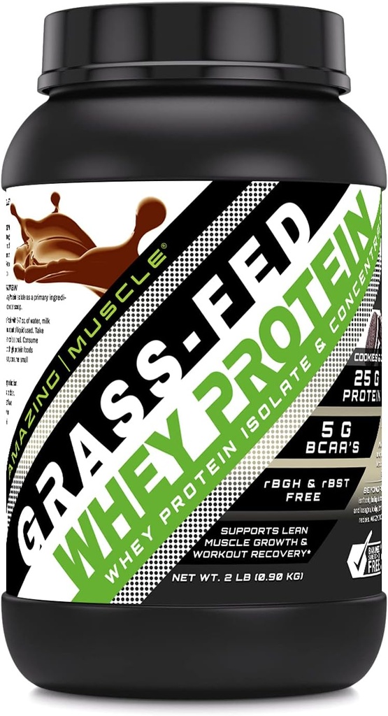 Amazing Muscle Grass- Fed Whey Protein Supplementary 124; 25 G per Serving Official 124; Cookies & Cream Flavor Official 124; 2 Lb (0,90 kg) Official 124; Non- GMO Official 124; Gluten- Free Official 124; Made in USA