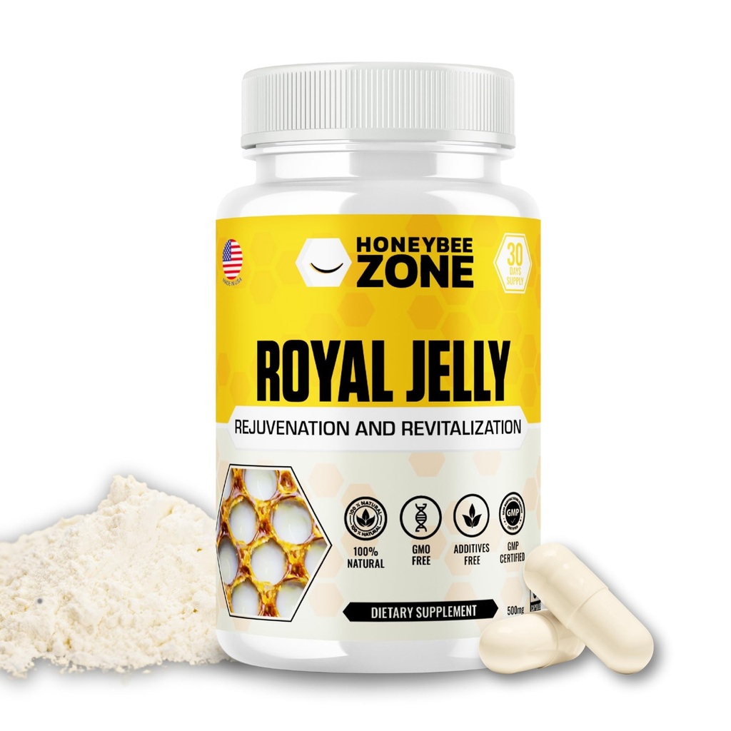 Royal Jelly Kapsle - 500 mg Energy, Glowing Skin and Brain Booster Dodatek 124; Non- GMO, gluten- Free, 60 Easy- to- Spolknout Veggie Kapsle