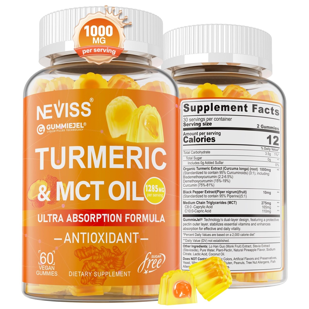 Turmerické žvýkačky 1000mg w / MCT Oil C8 C10, Organický antioxidant, Kurkumin dodatek s Black Pepper Extract, Support Comfort, Boost Energy, Ultra Absorpce, Cukr zdarma, 60 Cts